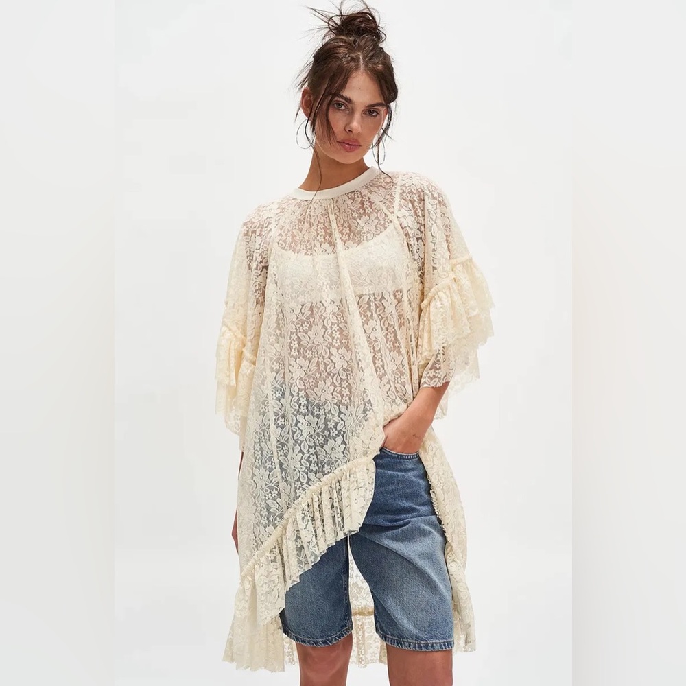 Free People Cream Lace Tunic with Ruffle Details